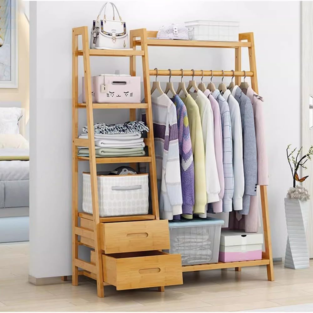MYUYEE Bamboo Clothes Rack With Drawers, Coat Rack Drying Rack Open Wardrobe Floor Clothes Hanger Garment Rack For Bedroom Hallway, Load Capacity 100Kg, 90/110/130Cm(110Cm)