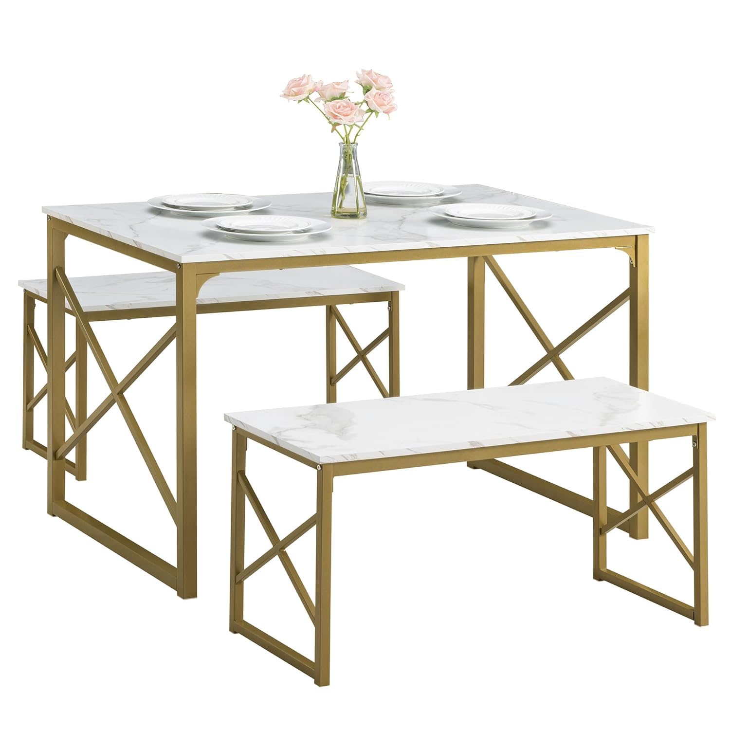 Priti Kitchen Table with 2 Benches for 4, Wood Dining Room Sets