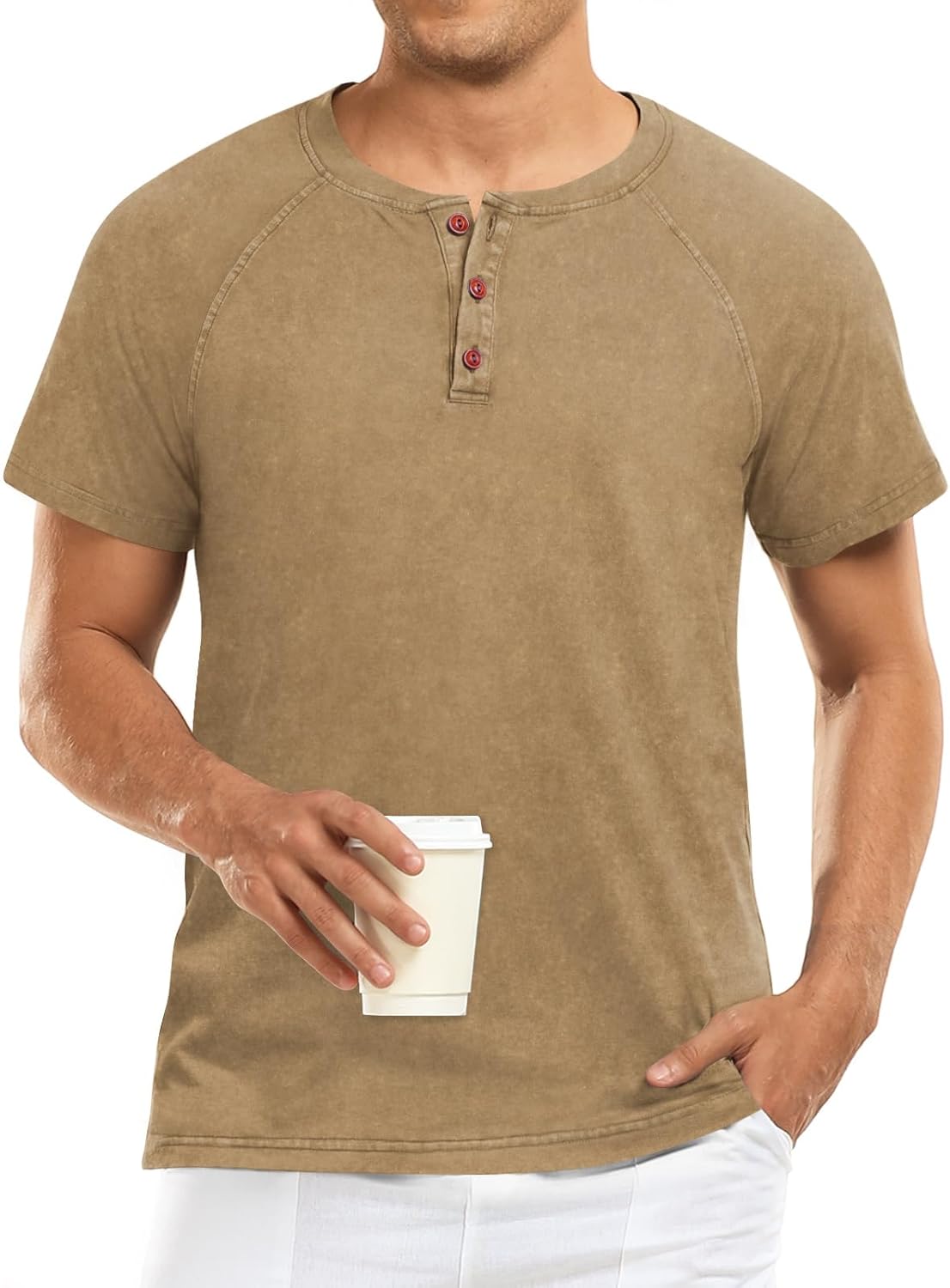 XUZHU Men's Summer Polo Shirts Short Sleeve Cotton Casual Henley T-Shirts Button Raglan Sleeve Tees Medium Xh-khaki image 2 of 6 B0D7PPSPM6