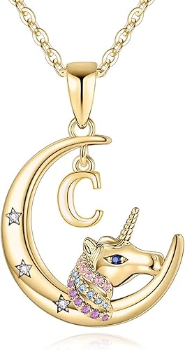 Regalos de unicornios para niñas, collar de unicornio chapado en oro blanco de 14 quilates, oro rosa, luna creciente, collares de unicornio para