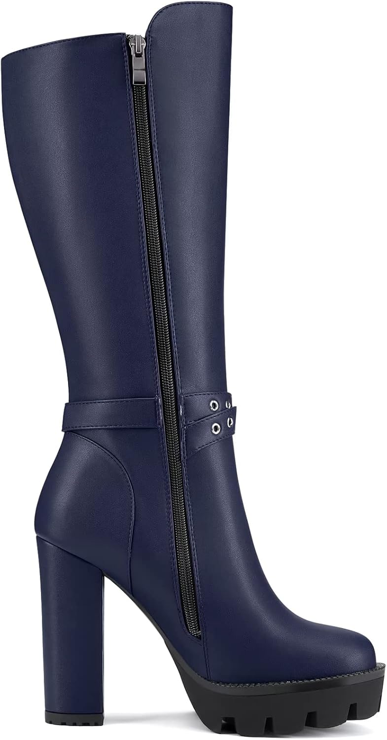 Castamere Women Chunky Block High Heel Close Round Toe Mid Calf Zipper Buckle Office Classic Boots