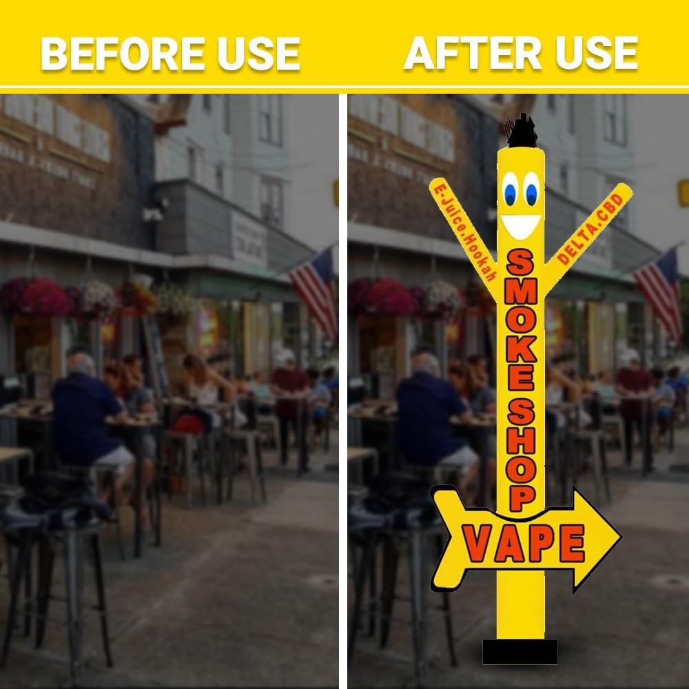 18ft Vape Smoke Shop Air Inflatable Dancer with Arrow | Mesmerizing Outdoor Wacky Waving Air Puppet Advertising Guy for Hookah & E-Juice | Both Side Printed Yellow | Compt. 18-inch (Without Blowers)