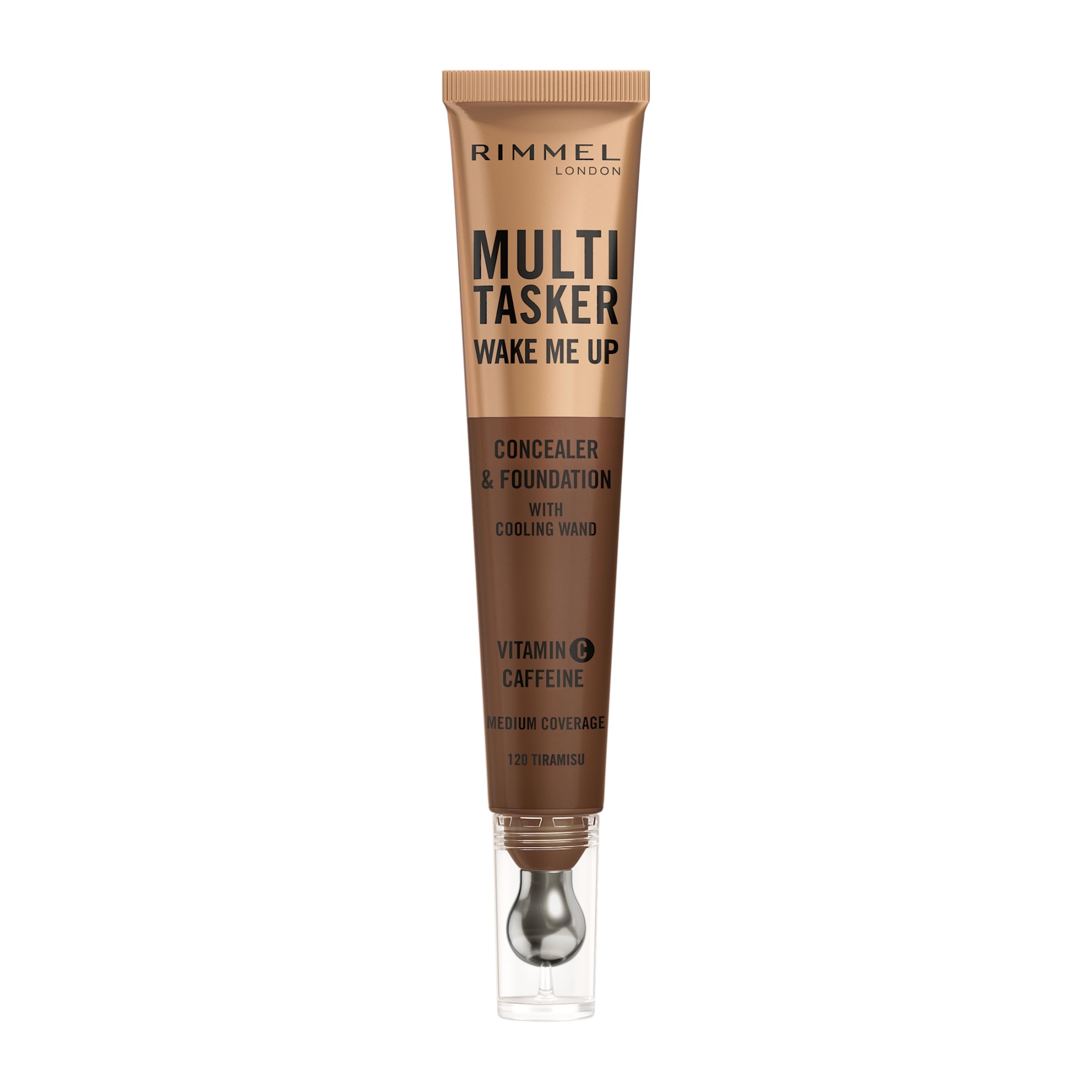 Multi-Tasker Wake Me Up Foundation & Concealer 120 Tiramisu, Depuffs & Brightens Dark Circles, Metallic Cooling Applicator, Caffeine & Victamin C, 2% Niacinamide, Vegan, Cruelty free
