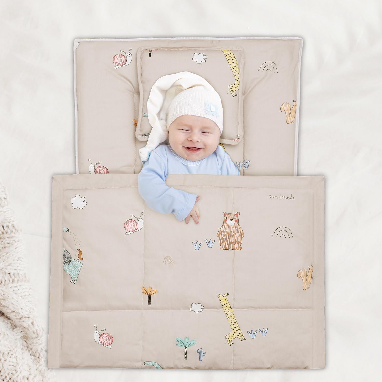 R for Rabbit Snuggy Cozy Baby Bedding Set, 100% Cotton Portable Mattress Set for Newborn, Travel-Friendly Soft Toddler Bed 60x85 cm, Bed, Pillow & Blanket Set of 3 Pieces for 0-12 Months (Tan Brown)