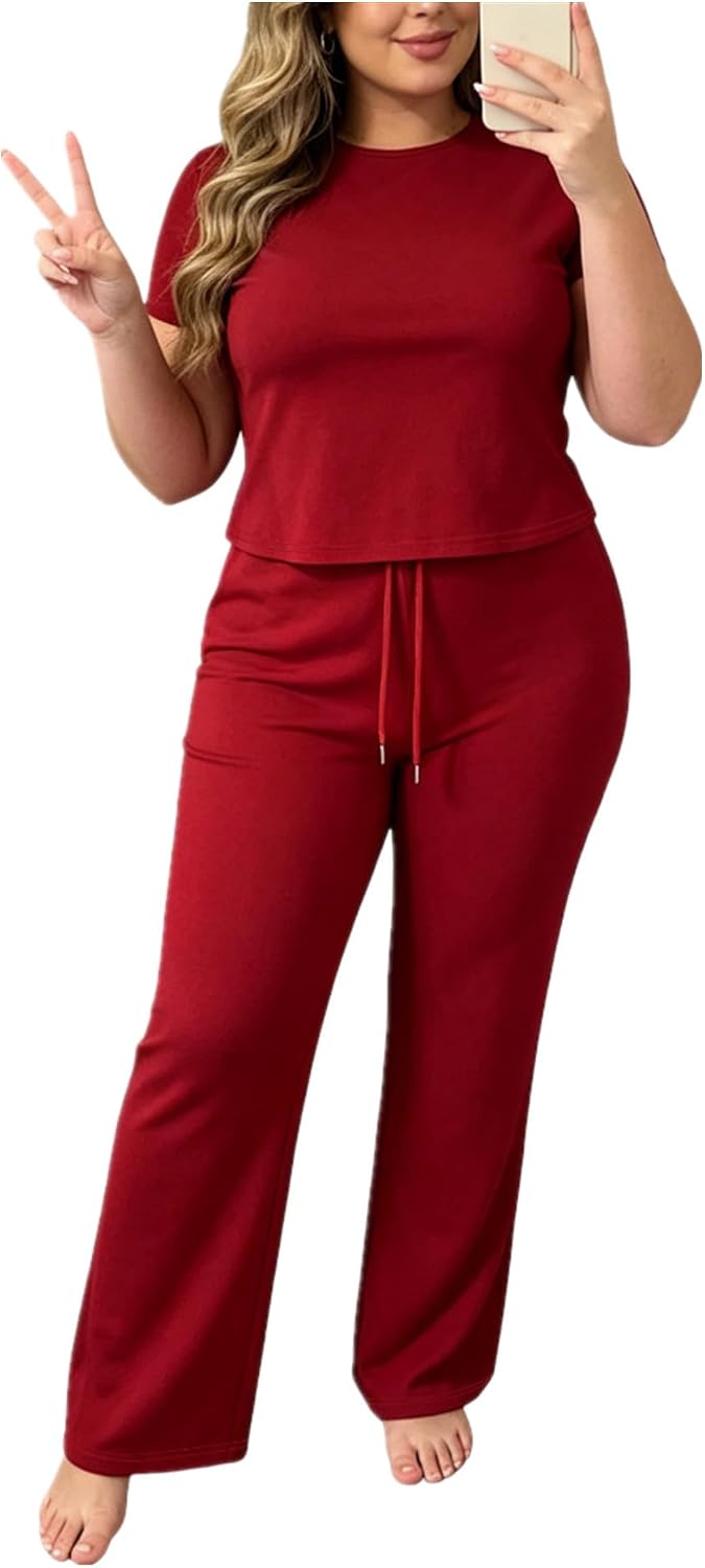 Casual Summer Plus Size Women 2 Piece Outfits Pants Sets Short Sleeve Flattering Top Flare Pants Sets Tracksuit