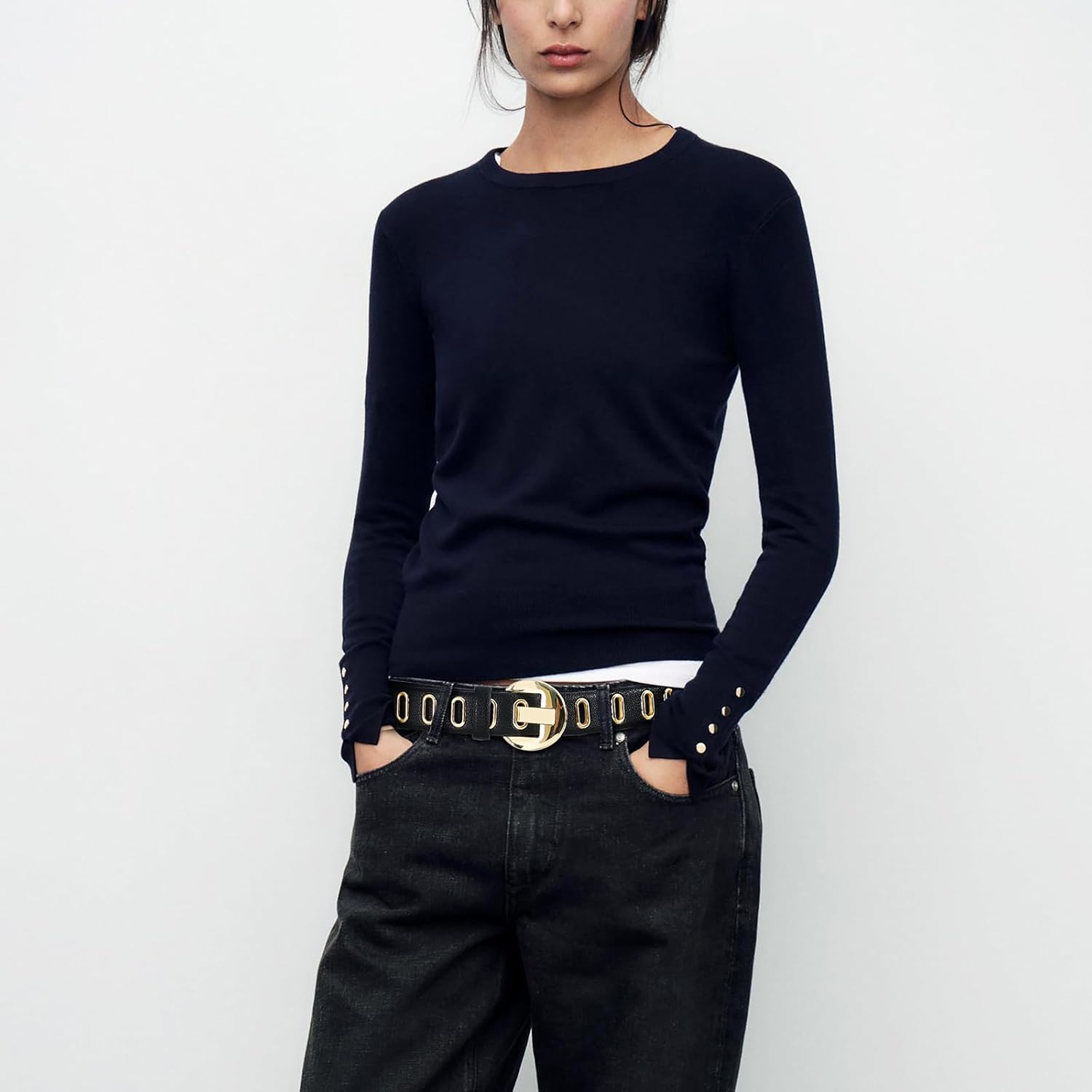 Women's Leather Belt for Jeans Black Belt with Gold Buckle and Chain Fashion Belts for Women
