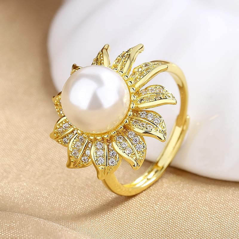 18k Gold Sparkling Freshwater Pearl Ring for Both Men and Women, Women's Grand and high-end Feeling, Sunflower Flower Flower Index Finger Ring Jewelry-Making-Patterns Size 8