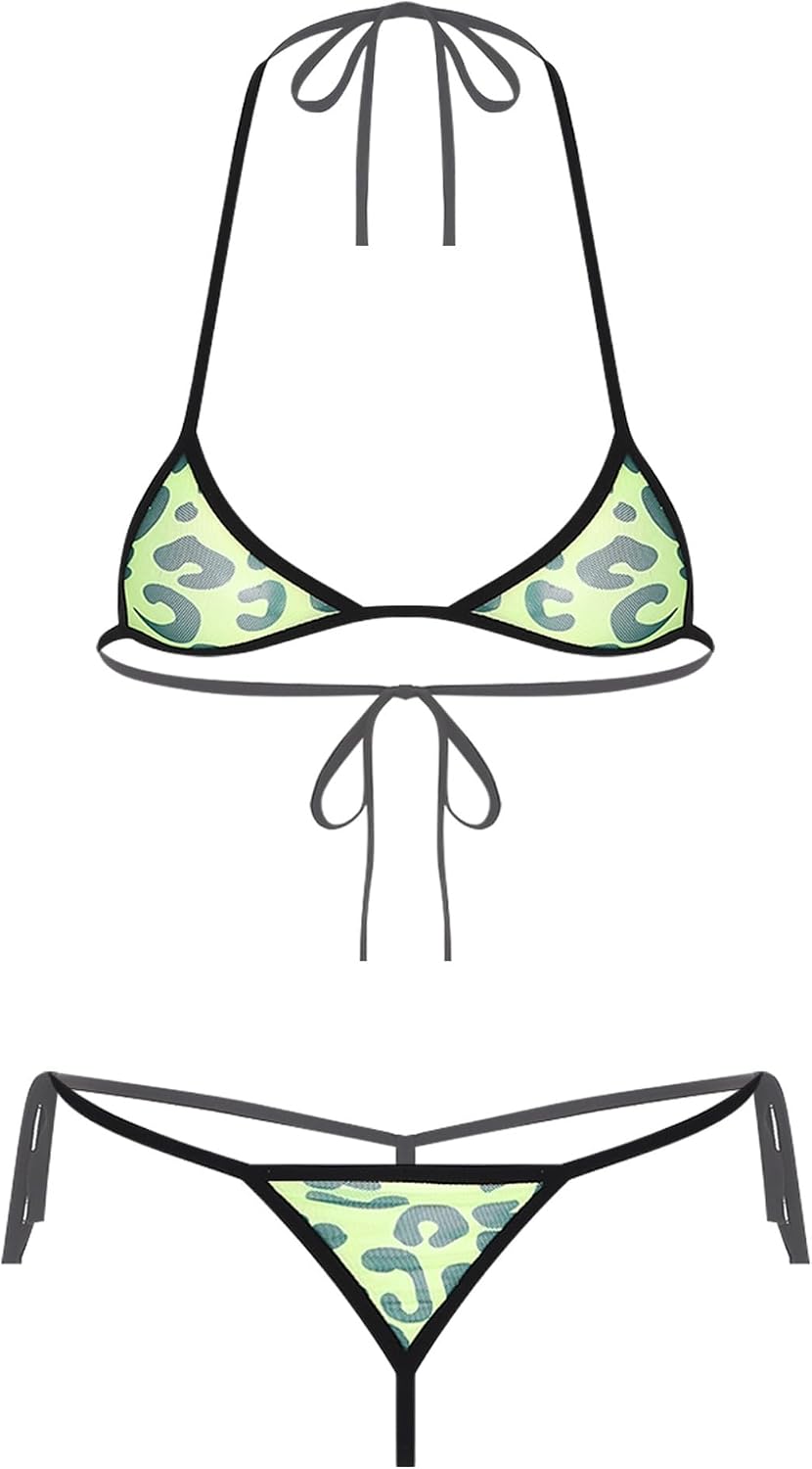 Lejafay Womens Sexy Printed Sheer Mesh Bikini Swimsuit Lingerie Set Bra Top with Thong Bathing Suit