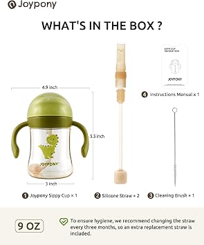 Joypony Sippy Cups for Toddlers 1-3, Spill Proof Weighted Straw Cup with Handle for Baby 6 Months + old, 2 Silicone Straws, PPSU, BPA Free, 9 oz (Green)