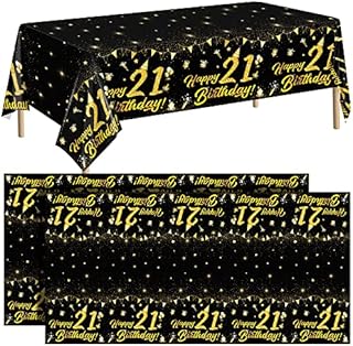 durony 2 Pack 21st Birthday Tablecloth Table Cover Plastic Black Gold Happy Tablecloth Waterproof Rectangular Table Cloth Cover for Indoor or Outdoor Parties Birthday
