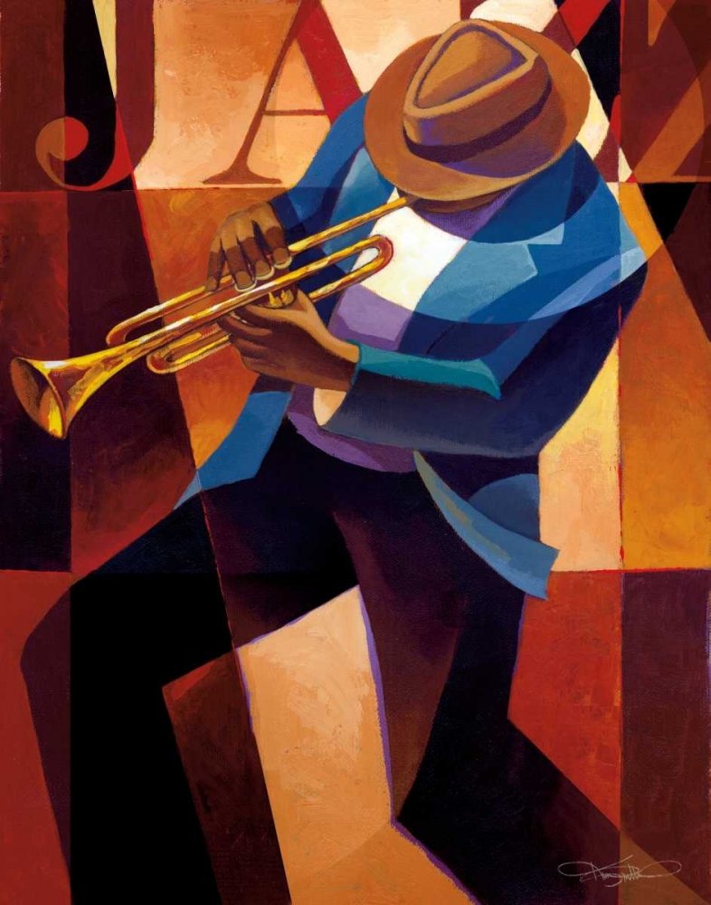 ART-TELA-allungato-su-LEGNO -BARS Swing Mallett Keith - Immagine verticale figurativa Blu Rosso Giallo Jazz Tromba Musica Stampa d'arte 18_X_14_in