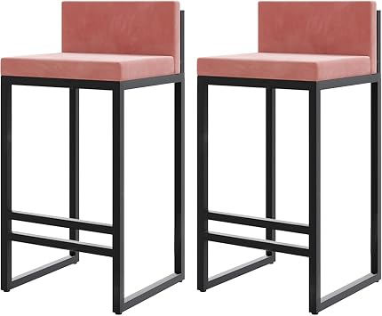 Counter Height Bar Stools Set of 2, Velvet Counter Stools with Low Back for Kitchen Island Stool Upholstered Barstools with Black Metel Legs, Pink