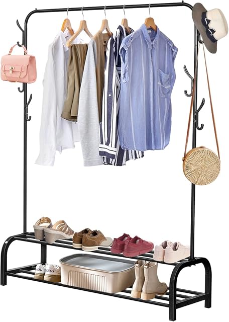 Youyijia Clothes Rail Heavy Duty Clothing Rail for Bedroom Metal Garment Rack 110x33x150cm Clothing Rack with 2 Tier Shoe Storage Shelf and 6 Side Hooks Coat Rack Hanging Rail for Clothes Black
