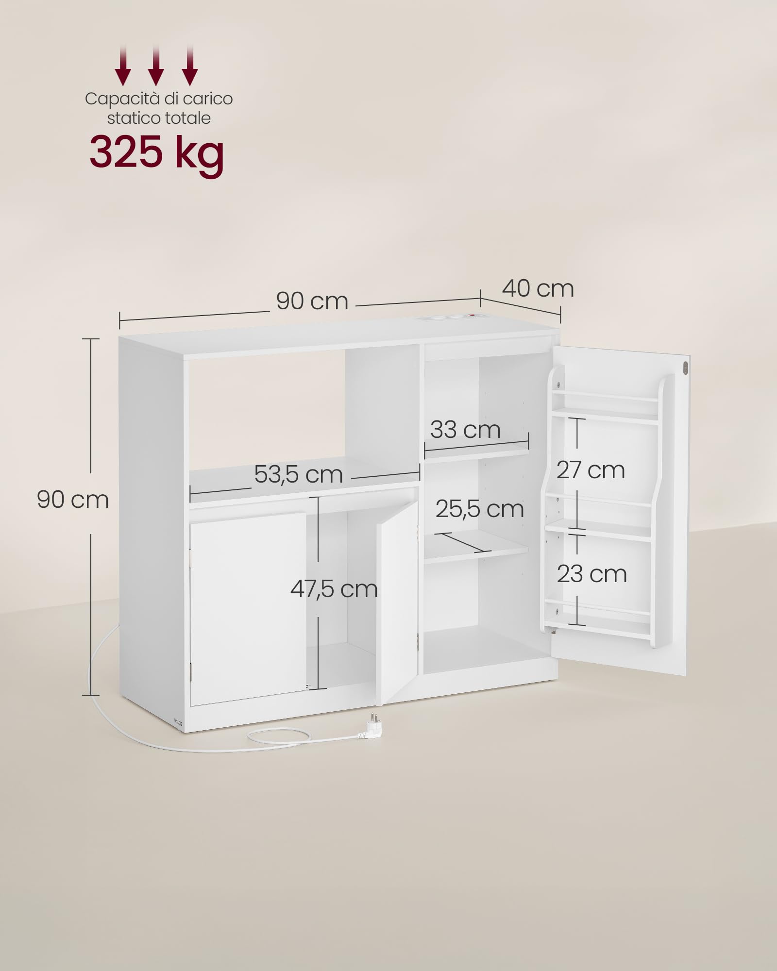 VASAGLE KAILYN Collezione - Credenza, Mobile da Cucina, Armadietto con Piano, Ripiano Porta Forno a Microonde, 1 Scomparto Aperto, 3 Ante, Ripiani Regolabili, Bianco Nuvola BBK373WB01