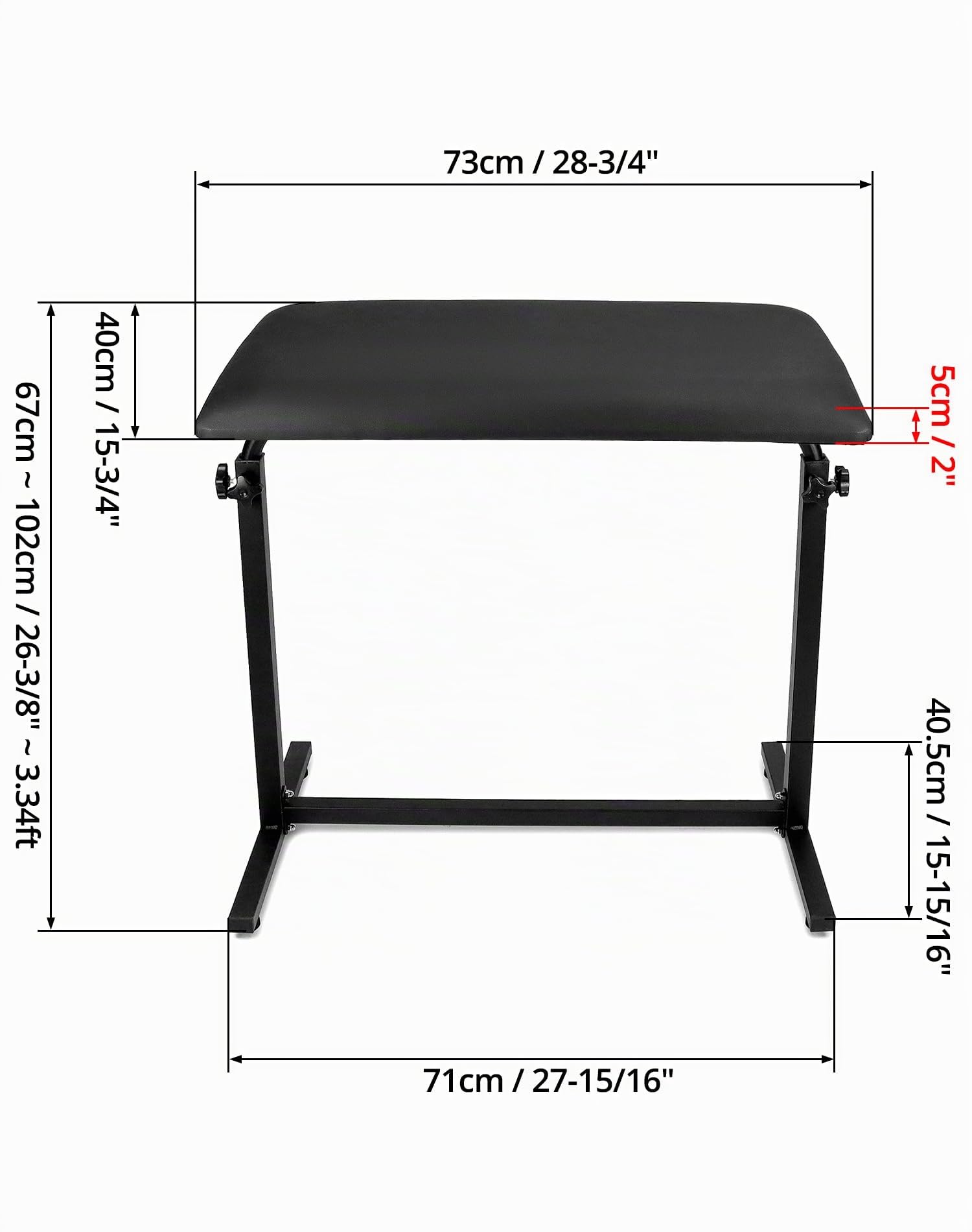 QWORK® Soporte para reposabrazos de tatuaje profesional Soporte para reposapiernas con almohadilla de esponja inclinable de 180° Tamaño 73x40x5 cm, altura ajustable 67-100 cm