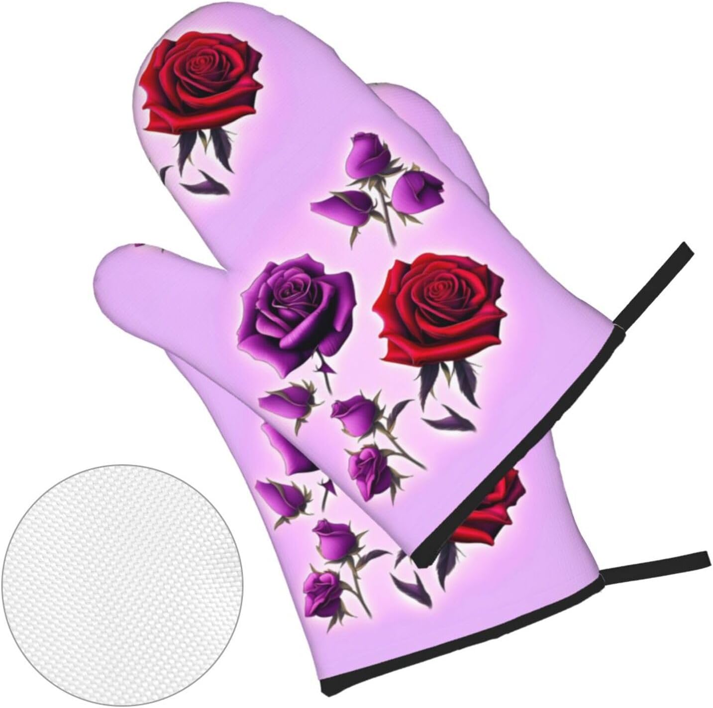 Red and purple roses Oven gloves and heat-resistant mat 4-piece set. Suitable for grilling, microwave oven frying, and baking