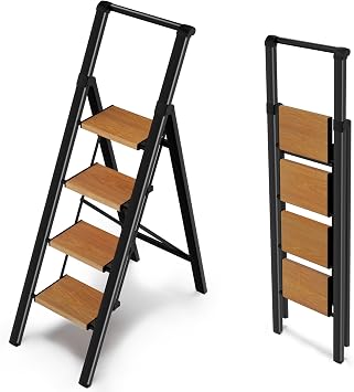 Step Ladder 4 Step Folding with Handle, Kitchen Step Stool for Adults, Aluminum Ladders for Home