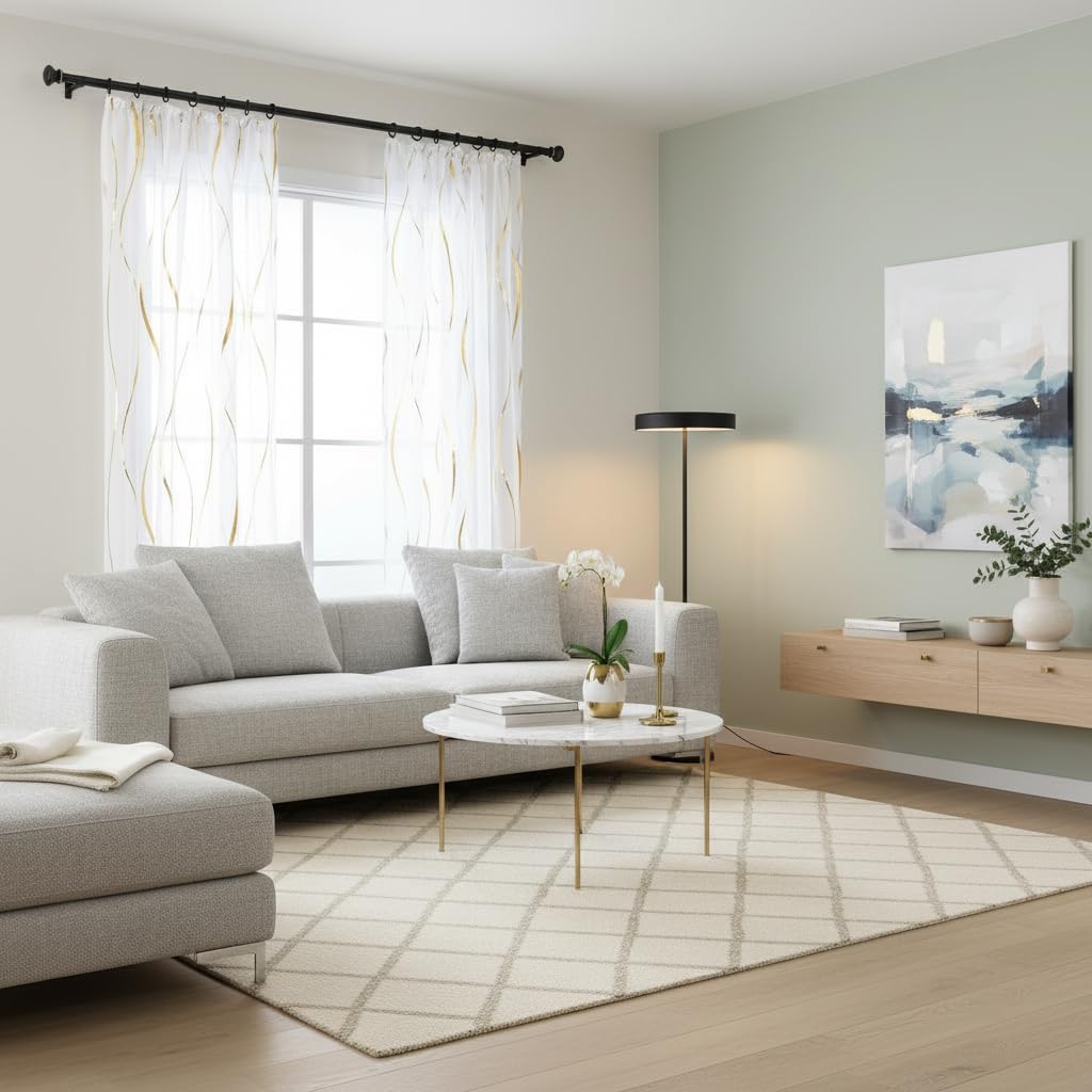 L.Z.E Vorhänge Gold Weiß für Wohnzimmer Gardinen mit Kräuselband für Schienensystem Transparent Schiene Vorhang Gardine für Schlafzimmer 2er Set Gardinenschals Modern 245 cm Lang (LZE2250T-G245)