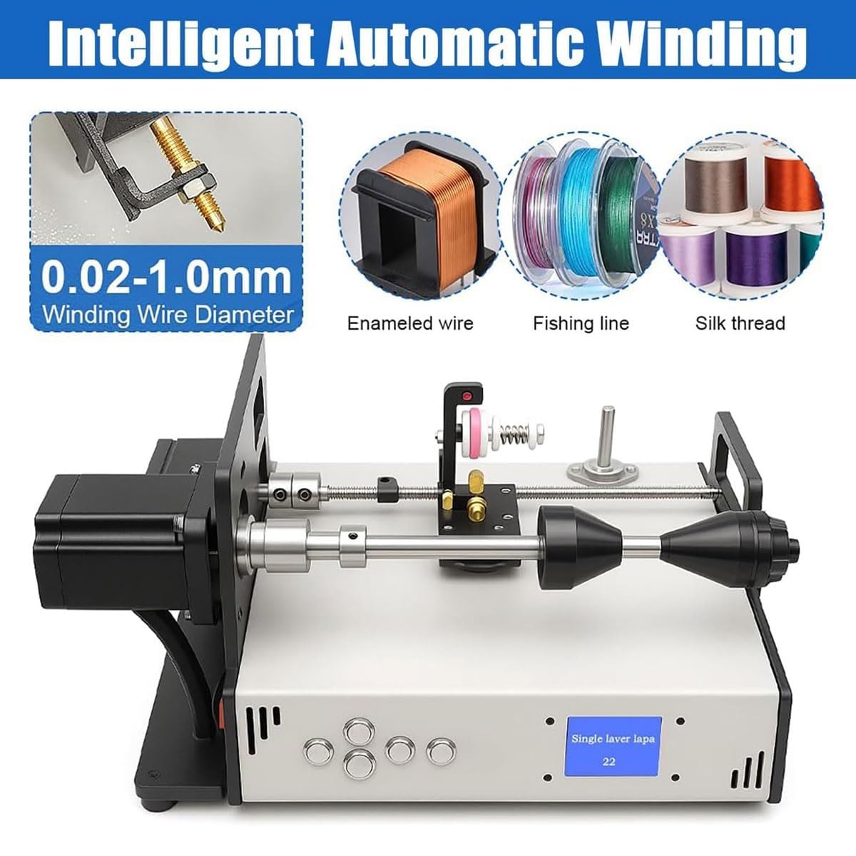 Bobinadora digital automática de cable, 2-15 vueltas/s, dispositivo ajustable para línea de pesca, alambre esmaltado, precisión de 0,01 mm, con amplificador de tubo