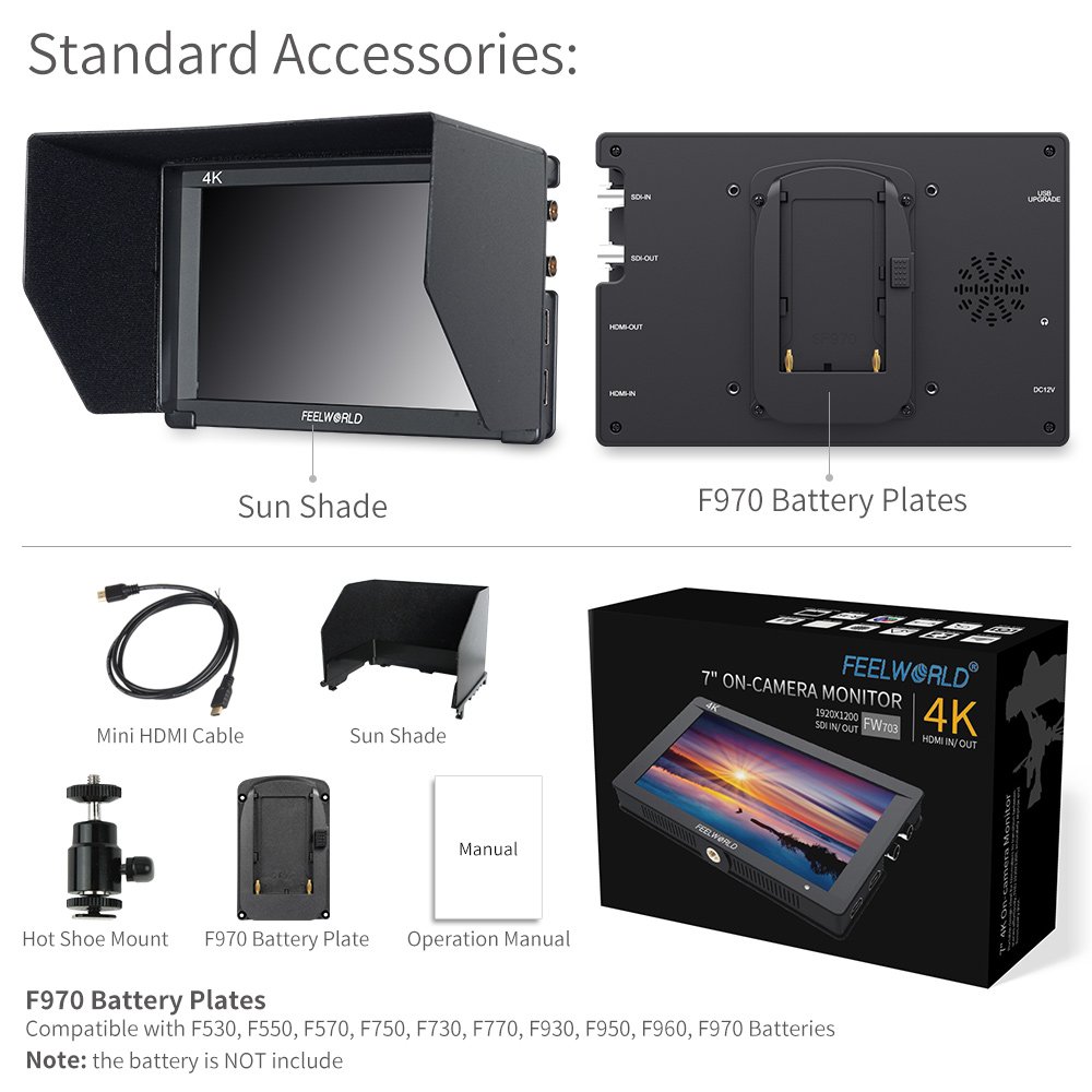 Feelworld FW703 7 Pulgadas On Cámara Field Monitor de Campo DSLR Camera Full HD Focus Video Assist 1920x1200 IPS con 4K HDMI 3G SDI Input Output Histogram