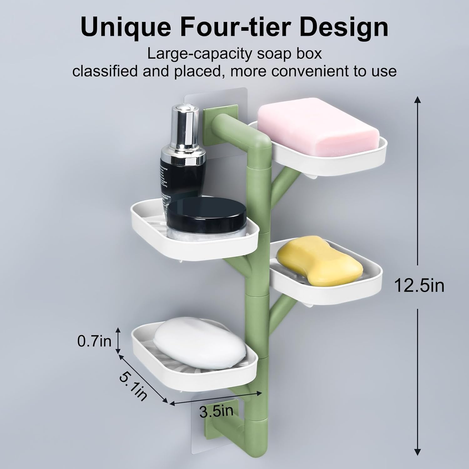 Soap Holder Four Layer Wall Mounted NO-Drilling Rotatable Self-draining Removable Soap Dish for Shower Bathroom Tray,Self Draining Sponge Holder,Razor Holder（White/Green） - Image 3