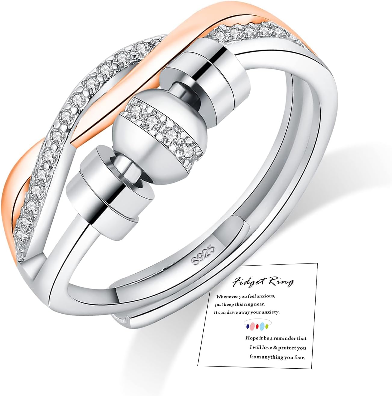 Sterling Silver Anxiety Rings Fidget Rings for Anxiety Women Adjustable Spinner Rings for Girls Cubic Zirconia Stress Relief Ring Gifts(With Gift Card & Box)