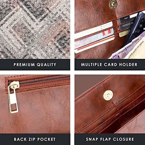 Image of THE CLOWNFISH Sharon Collection Tapestry Fabric & Faux Leather Snap Flap Closure Womens Wallet Clutch Ladies Purse with Multiple Card Holders (White-Checks)
