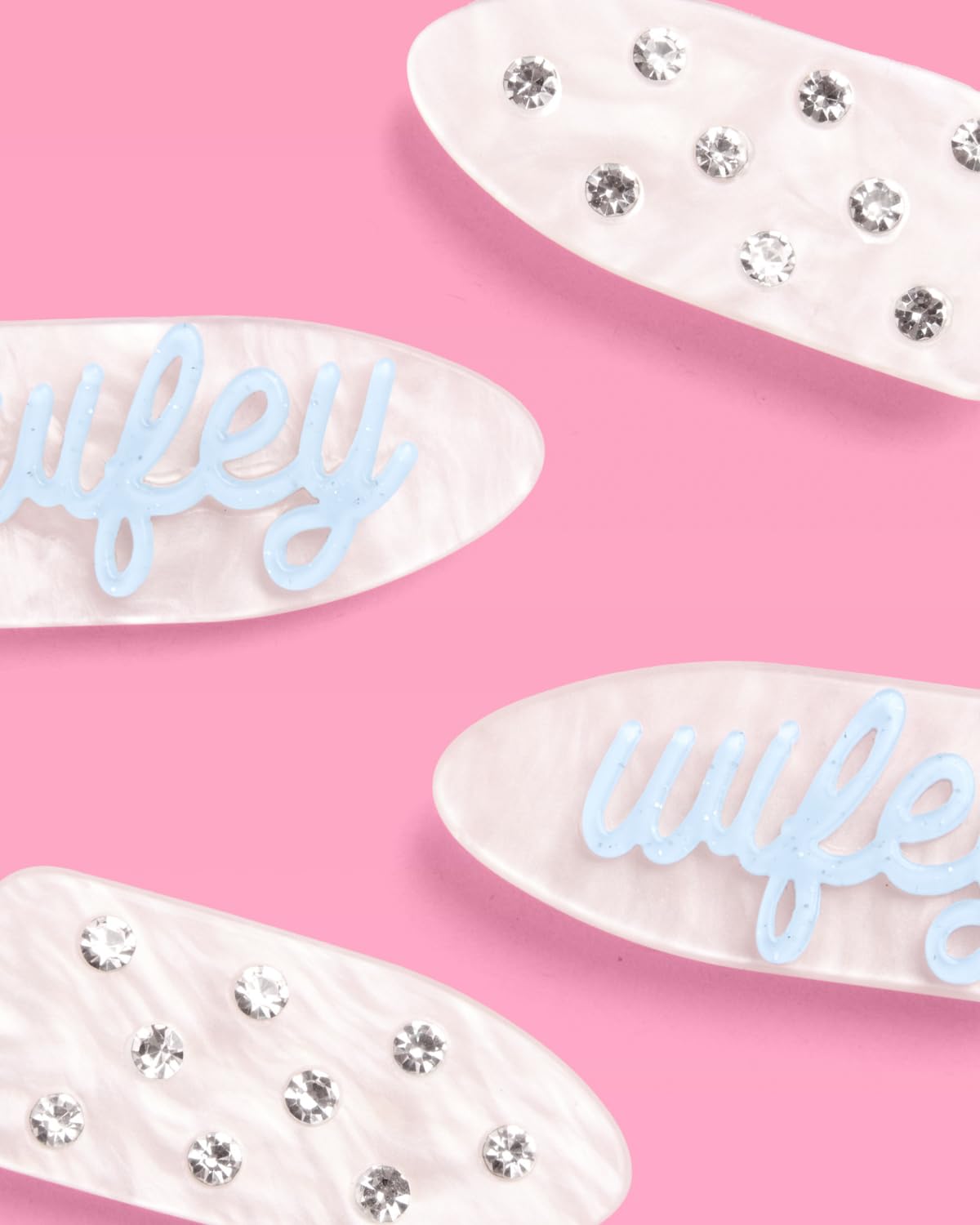 xo, Fetti Wifey Beauty Clips - 4 Pc Acrylic Hair Clips | Bachelorette Party, Bridal Shower, Bride Accessories, Rhinestone, Something Blue