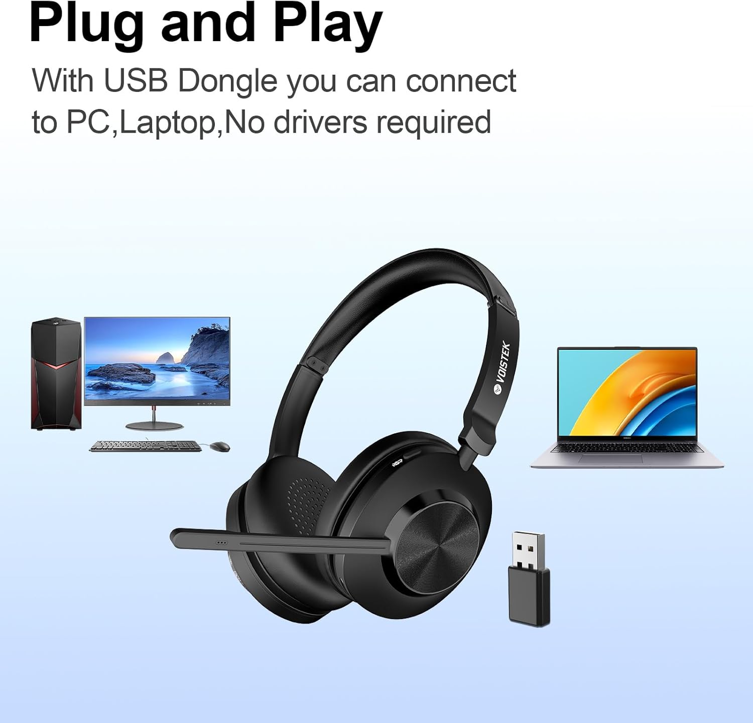 Voistek Wireless Bluetooth Headset with Noise-Cancelling Microphone,USB Dongle for Computer,On Ear Volume Control and Mic Mute for Windows, Mac, Chrome, iOS, iPadOS, Android - Image 7