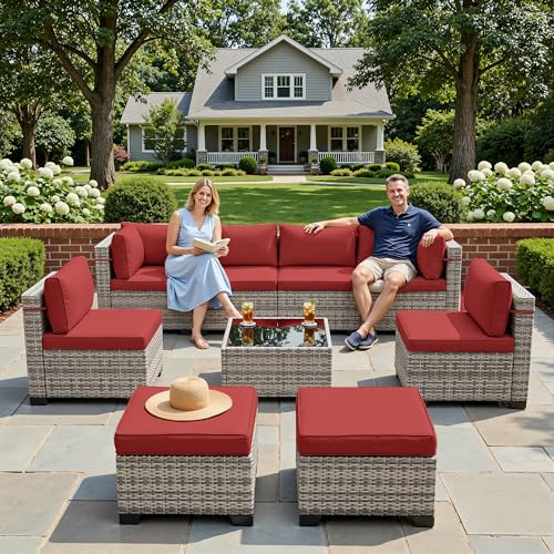 Image of Outdoor PE Wicker Rattan Modular Patio Sectional Sofa Set | 9-Piece: 6 Modular Seats, Coffee Table & 2 Ottomans, Red
