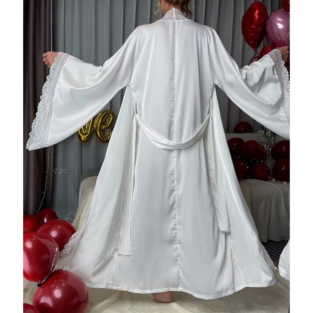 Peignoir Kimono pour Femme Robe de Chambre en Satin à Manches Longues Peignoir de Bain pour Demoiselle D'Honneur Avec Bordure en Ddentelle Vêtement de Nuit Élégant et Léger Idéal pour Un Mariage