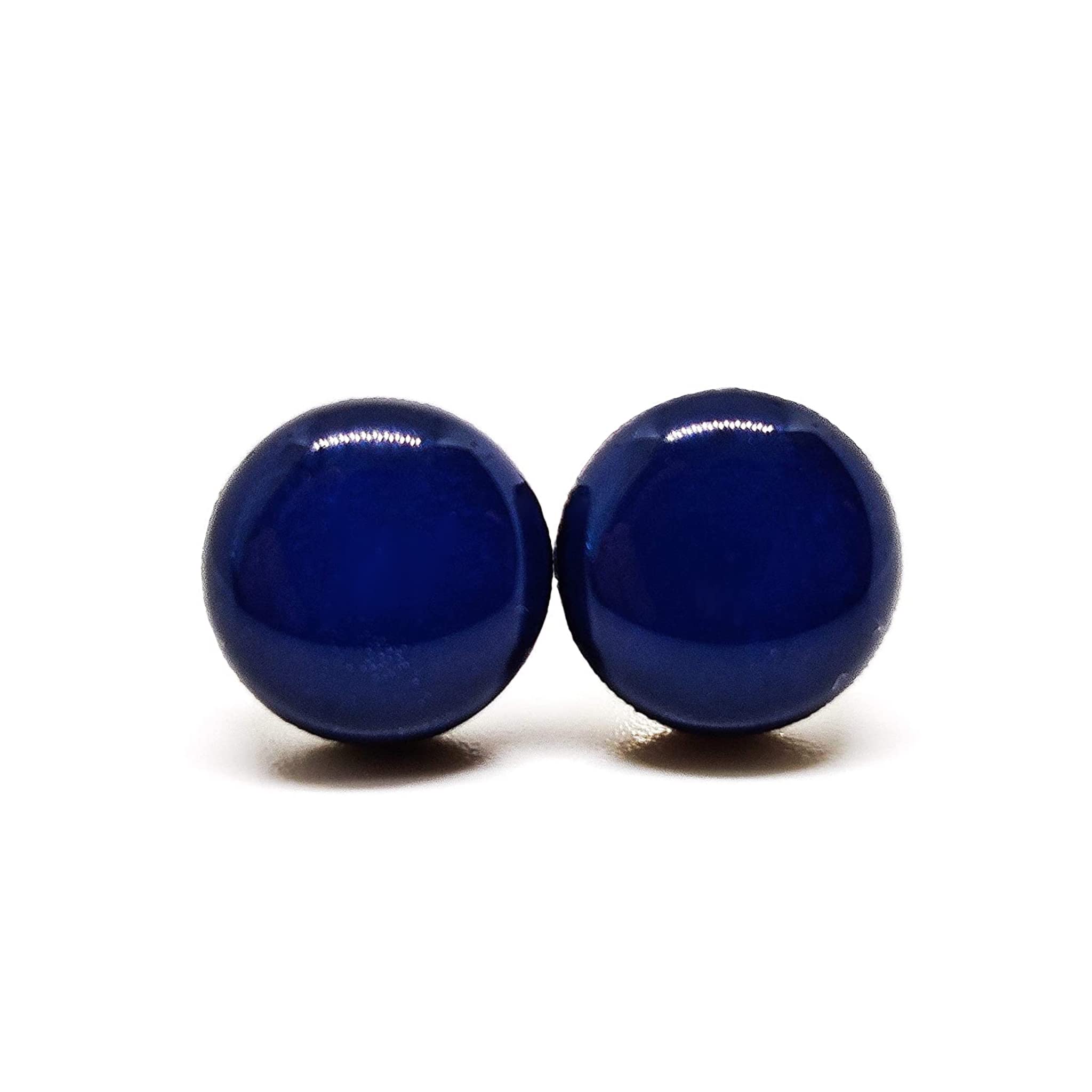Stud Earrings, Navy Blue 10 mm Round Studs for Women Girls Men, Handmade Stainless Steel Posts for Sensitive Ears, Color Dot Earrings
