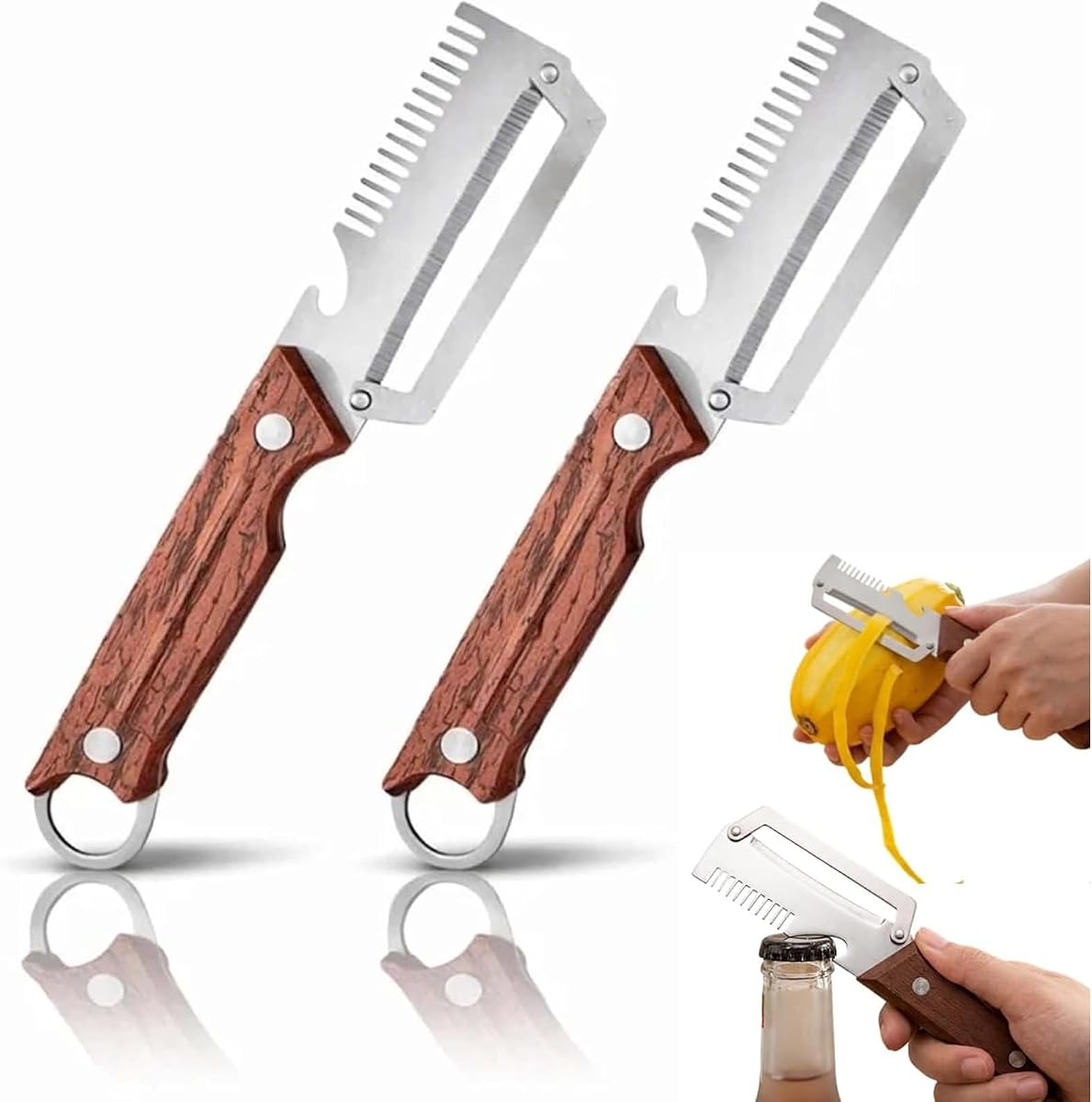 2 peladores de verduras multifuncionales 3-1, nuevo cuchillo pelador de frutas espesado de acero inoxidable multifunción Ktchen con mango de madera y abridor de botellas para verduras o frutas que necesitan ser peladas