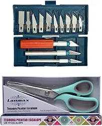 Kit Tesoura de Picotar Escalope Corte Arredondado Profissional + Estilete de Precisão Cortador Manual com 3 Cabos e 13 Lâminas Proporciona Cortes Perfeitos Em Tecidos E Materiais Diversos