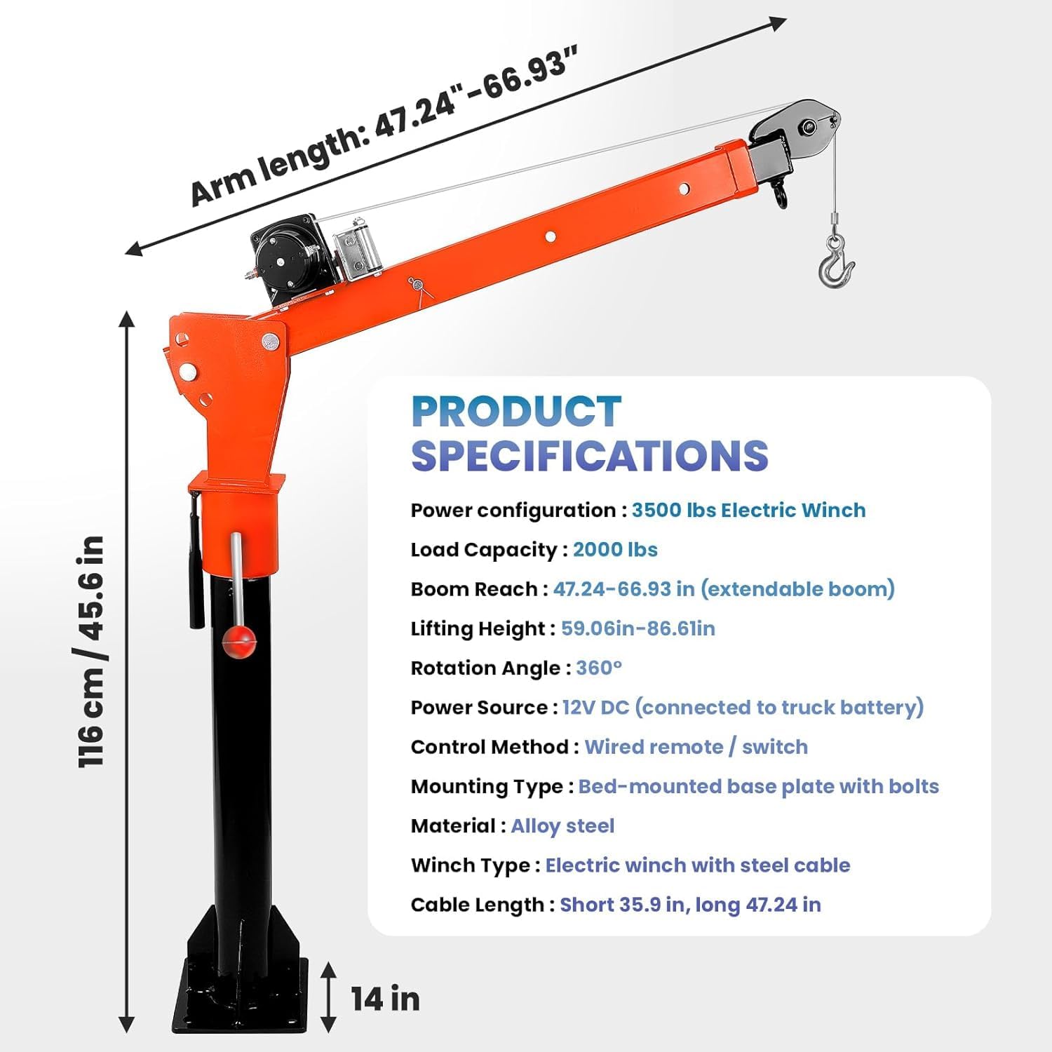 3500LBS 12V Electric Winch Truck Bed Crane, 2000LBS Alloy Steel Lifting Truck Crane, Foldable Jib Crane, 360° Rotation, 14" Wide Base, 3-Levels Arm Adjustment (48"-67")