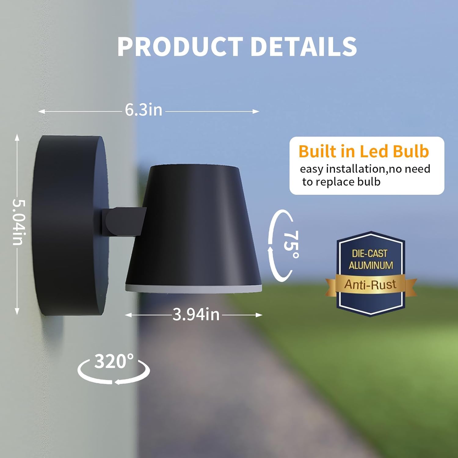 Aliminium Outdoor Wall Light,350° Rotation Modern IP65 Waterproof & Rust-Proof Wall Lamp for Patio, Garage, Black (Classic)