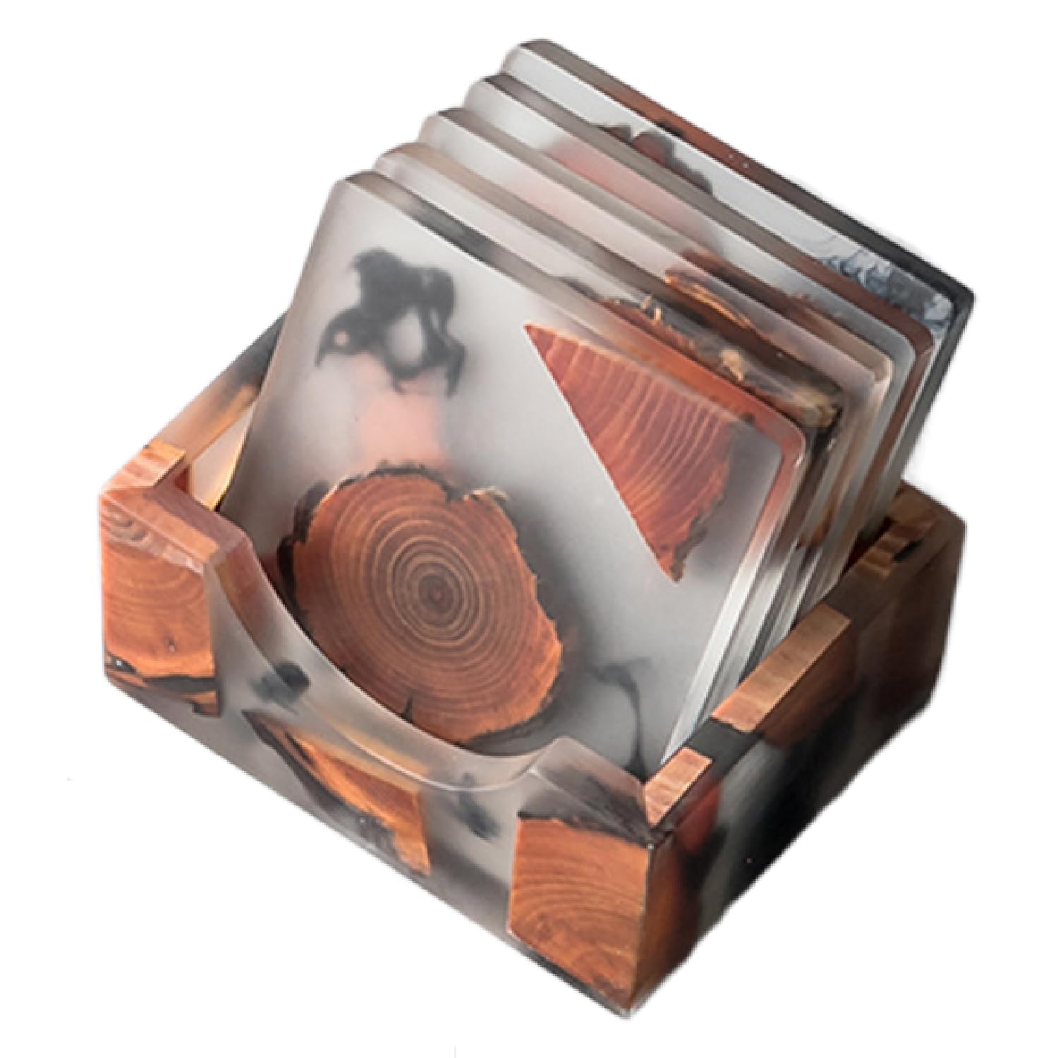 Set de sous-Verres en Bois, Ensemble de sous-Verres en Bois pour Boissons,Ensemble de 6 sous-Verres en Bois avec Support,sous-Verres en Bois de pin Faits Main avec résine pour Table Basse
