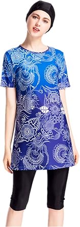 Women Muslim Swimwear Short Sleeve Print Islamic Modest Swimsuit Hijab Plus Size Beachwear