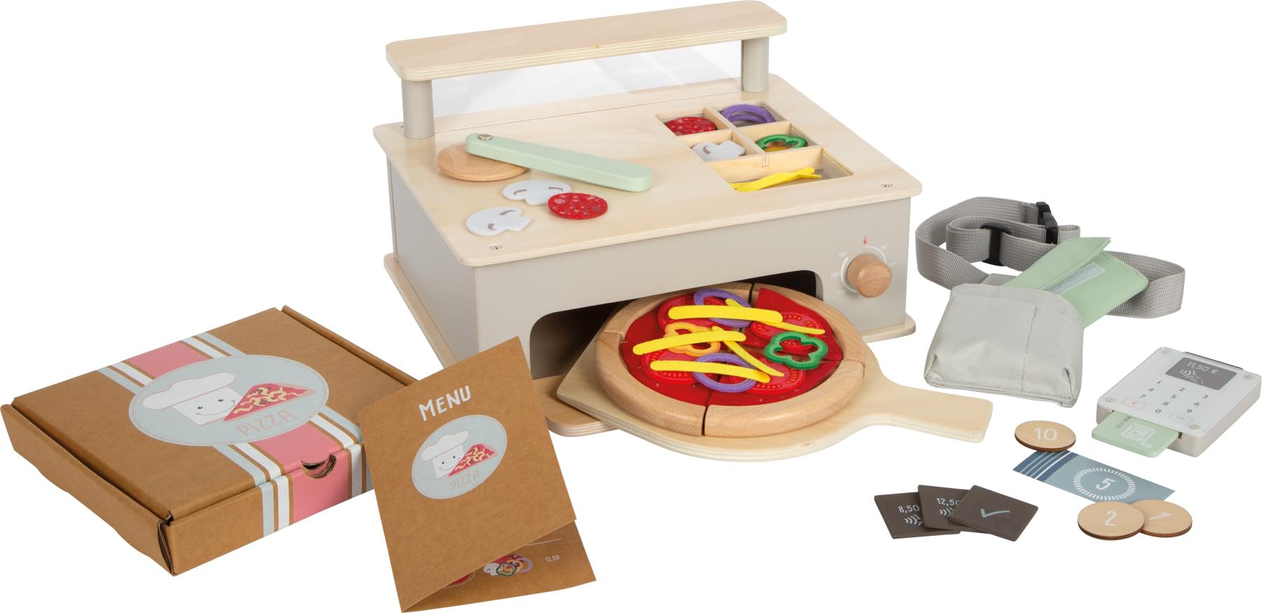 small Foot Pizzeria-Set aus Holz, multifunktionaler Pizzaofen mit umfangreichem Zubehör, hochwertiges Rollenspielset, für Kinder ab 3 Jahren, 12696, Holzfarben