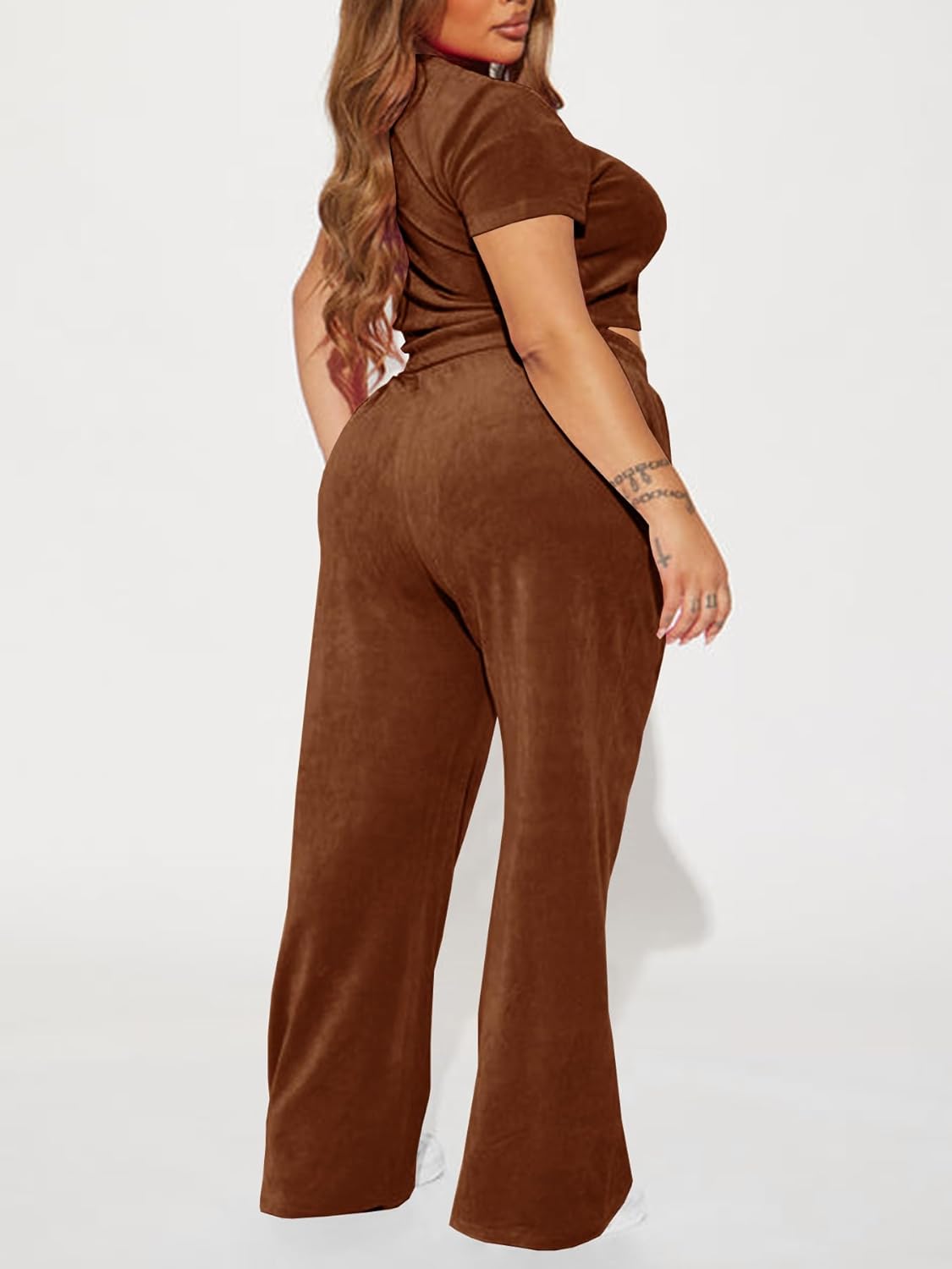 SMSN Women 2 Piece Outfits Velvet Sweatsuit Set Casual Short Sleeve Pullover Tops and Wide Leg Sweatpant Tracksuit Sets - Image 6