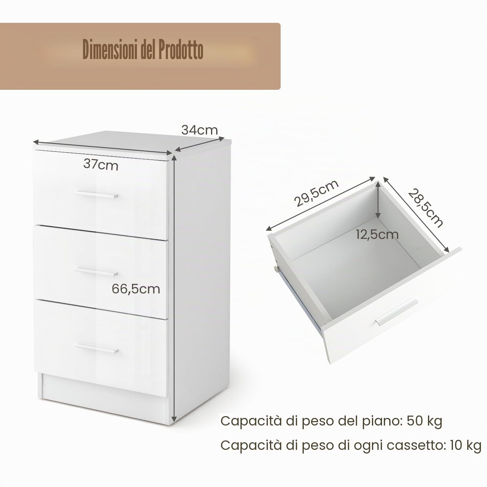 KOMFOTTEU - Cassettiera per ufficio con 3 cassetti, piccola commode multifunzionale con tappetino protettivo, classificatore con dispositivo anti-ribaltamento, 37 x 34 x 66,5 cm (Confezione da 2