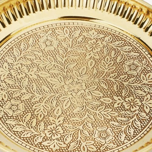 bhavika Creation Brass Decorative Pooja Plate with Engraved Floral Design, 12cm, Gold