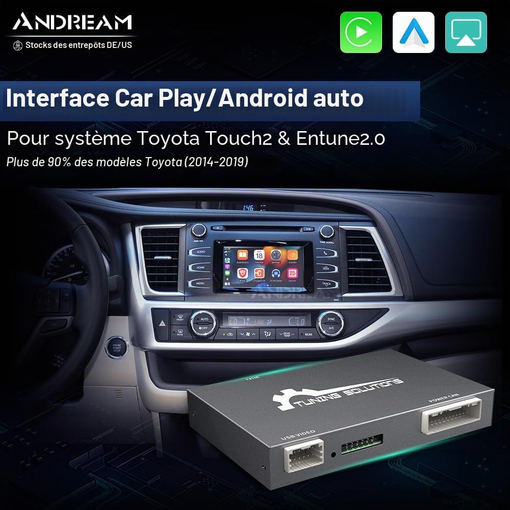 Kit Andream de mise à niveau CarPlay et Android sans fil pour Toyota Touch 2 - Compatible CH-R, Avalon, Corolla, Camry, Yaris, Auris, RAV4, Highlander Entune 2.0 2014-2019