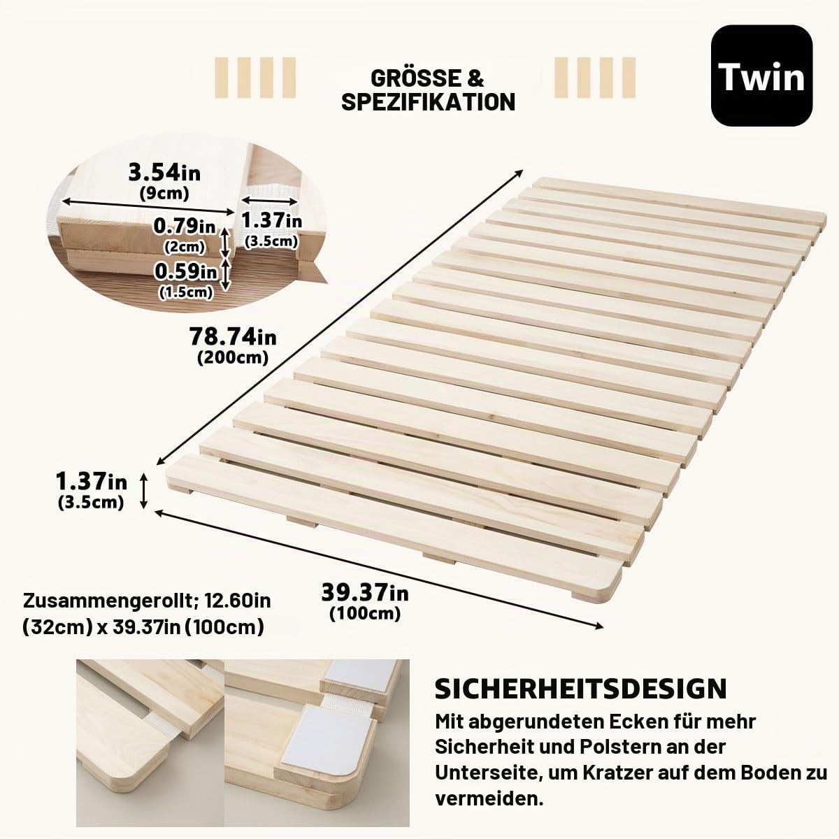 EMOOR Extra Dickes Rolllatten Futonbett Langlebiges Rollbett (100 x 200 cm) für Japanische Boden-Futon-Matratze, Holz Paulownia Boden Unlackiert Natürlich Schlafbettwäsche Gäste Tatami-Matte