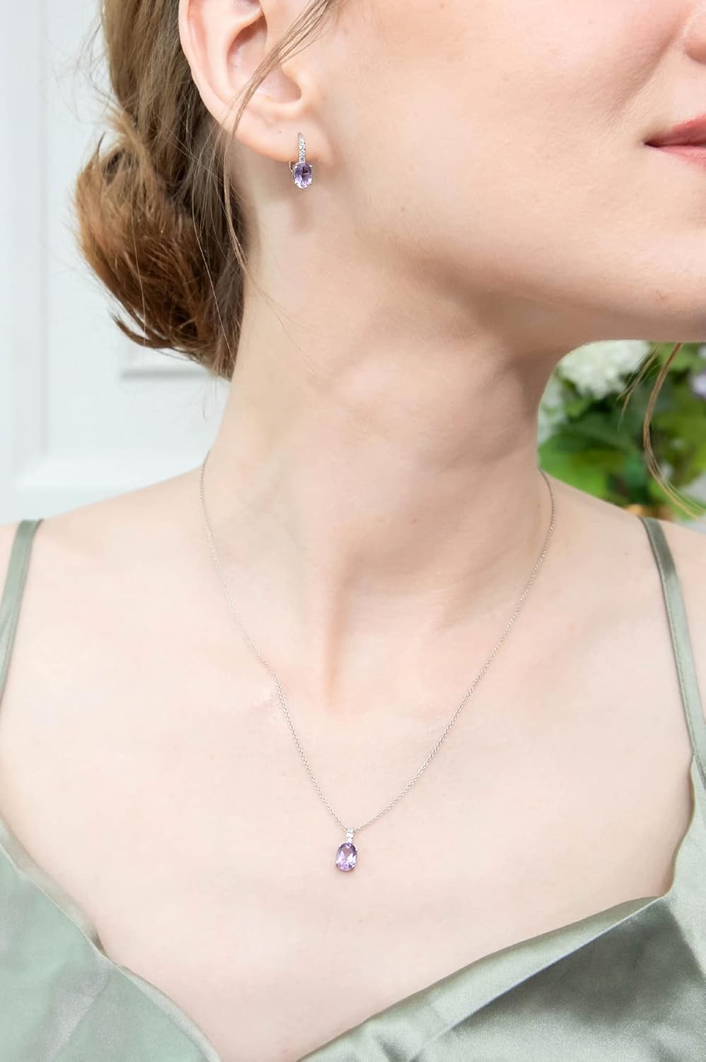 Jewelry Sets for Women, Necklace Earring Sets for Women, Birthstone Jewelry, Genuine Synthetic Gems, Oval Dainty Necklace and Drop Earrings, Pendant Necklace, Huggie Earrings, Sterling Silver Jewelry