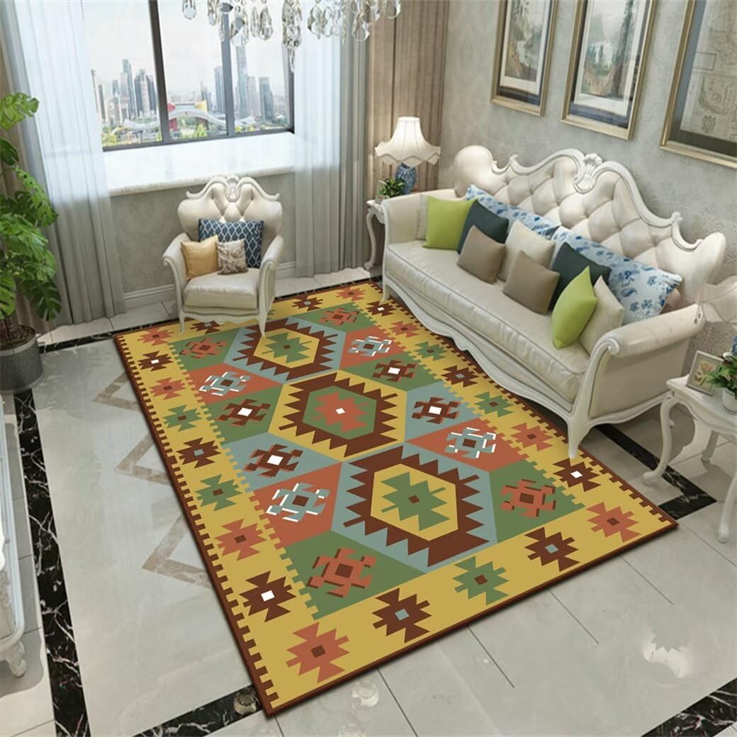 Tapis salon lavable machine grand tapis antitache géométrique rétro