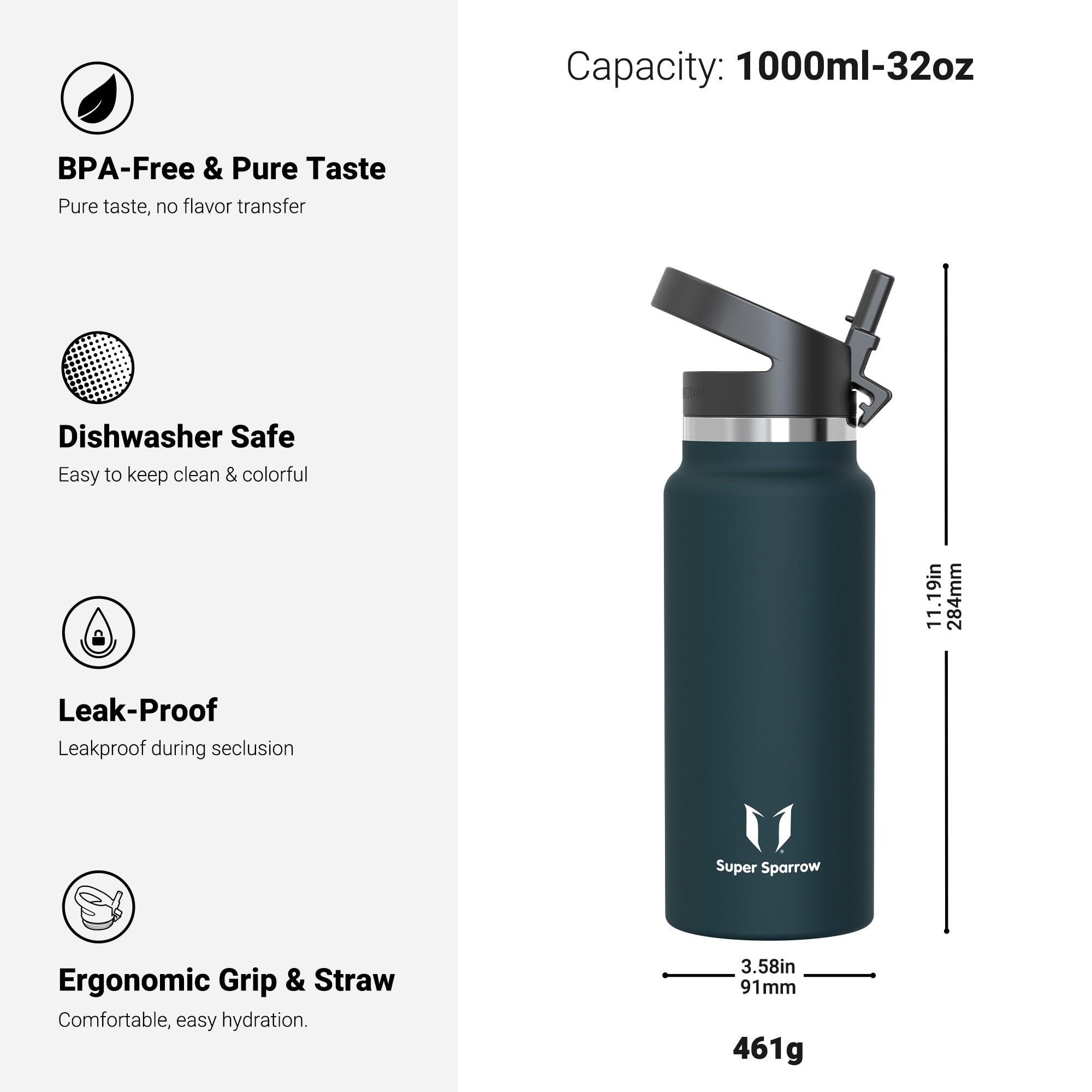 Super Sparrow Borraccia Termica - 500ml, 750ml, 1000ml, 1.2L, 1.5L- SwivelSip Inox Bottiglia - Senza BPA Borracce Termiche, Borraccia Ergonomica per Bambini, Sportiva, Bici, Campeggio, Palestra