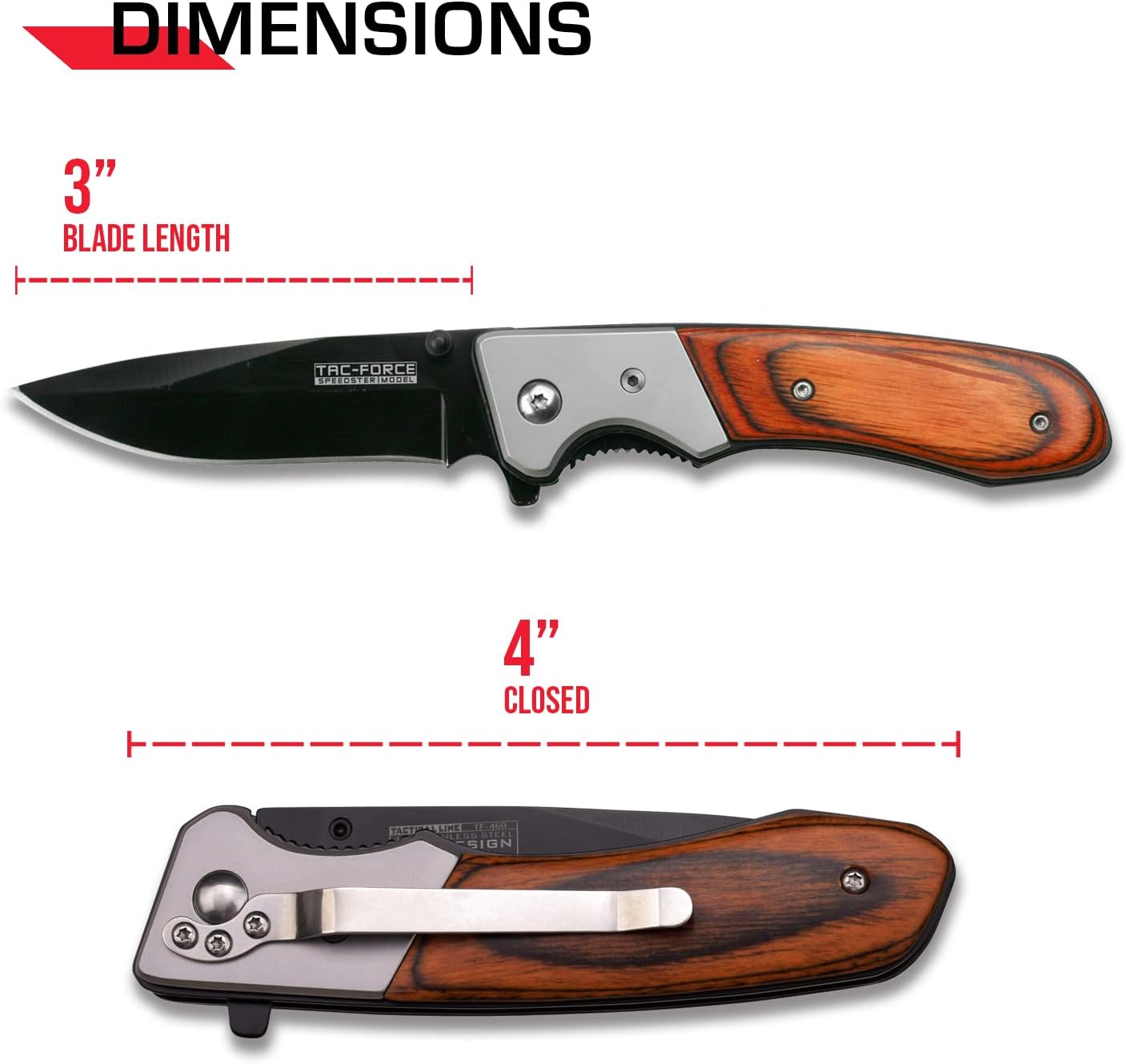 Tac-Force- Spring Assisted Folding Pocket Knife – Black Stainless Steel Drop Point Blade, Brown Wood Handle with Stainless Steel Bolster, Pocket Clip, Tactical, EDC, Rescue - TF-469
