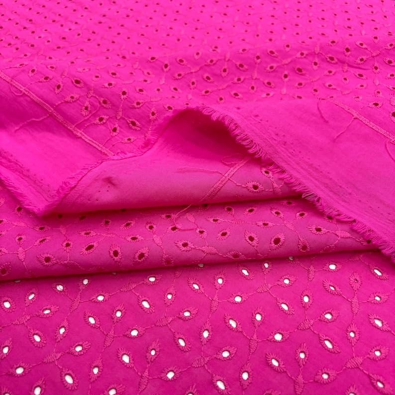 Pink Embroidered Eyelet 100% Cotton Fabric, Fabric by The Yard, Ribbon Embroidered(1.53yards-55 inc Width)