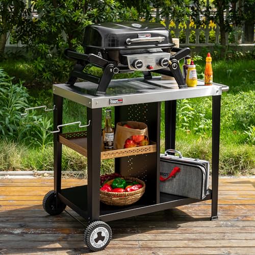 Royal Gourmet Grilltisch mit 85x50 cm Edelstahlplatte 3-Etage Grillwagen für Tischgrill und Pizzaöfen, Rollwagen mit Griffen, Müllbeutelhalter & Aufbewahrungsregalen, Einfaches Reinigen & Bewegbar
